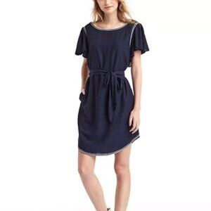 Gap Navy Embroidered Belted Flutter Dress